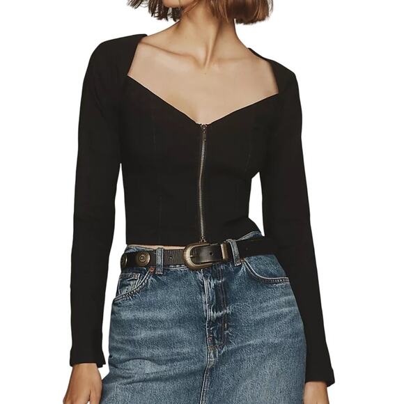 Anthropologie XS Maeve Zip Front Long-Sleeve Blouse Black Sweetheart Cut Out - Picture 1 of 9
